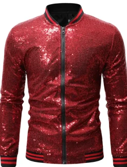 Outlet OUKU Men's Winter Coat Winter Jacket Transition Jacket Jacket Daily Spring & Summer Fall & Winter Sequin Basic Stand Collar Regular Regular Fit Silver Black Wine Royal Blue Gold Jacket