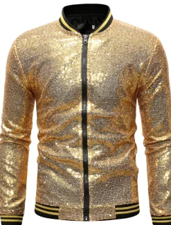 Outlet OUKU Men's Winter Coat Winter Jacket Transition Jacket Jacket Daily Spring & Summer Fall & Winter Sequin Basic Stand Collar Regular Regular Fit Silver Black Wine Royal Blue Gold Jacket