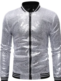 Outlet OUKU Men's Winter Coat Winter Jacket Transition Jacket Jacket Daily Spring & Summer Fall & Winter Sequin Basic Stand Collar Regular Regular Fit Silver Black Wine Royal Blue Gold Jacket
