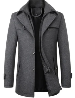 Outlet OUKU Men's Winter Coat Wool Coat Overcoat Short Coat Business Casual Fall & Winter Wool Blend Outerwear Clothing Apparel Basic Solid Colored Notch lapel collar Zipper