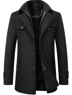Outlet OUKU Men's Winter Coat Wool Coat Overcoat Short Coat Business Casual Fall & Winter Wool Blend Outerwear Clothing Apparel Basic Solid Colored Notch lapel collar Zipper