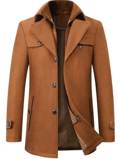 Outlet OUKU Men's Winter Coat Wool Coat Overcoat Short Coat Business Casual Fall & Winter Wool Blend Outerwear Clothing Apparel Basic Solid Colored Notch lapel collar Zipper