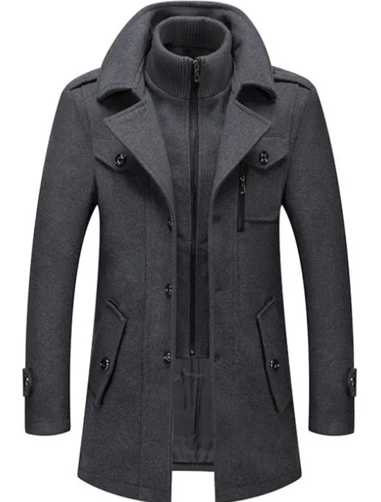 Best OUKU Men's Winter Coat Wool Coat Overcoat Business Casual Winter 30% Wool Windproof Warm Outerwear Clothing Apparel Chic & Modern Solid Colored Rolled collar