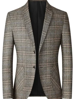 OUKU Men's Winter Coat Wool Coat Overcoat Short Coat Blazer Formal Daily Wear Fall Winter Terylene Thermal Warm Outdoor Outerwear Clothing Apparel Fashion Modern Contemporary Plaid Pocket Turndown Single