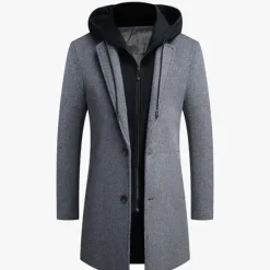 Outlet OUKU Men's Winter Coat Wool Coat Overcoat Daily Wear Going out Winter Wool Thermal Warm Washable Outerwear Clothing Apparel Fashion Warm Ups Solid Colored Detachable Hood Hooded Single Breasted