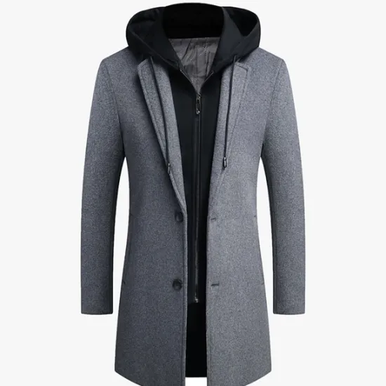 Outlet OUKU Men's Winter Coat Wool Coat Overcoat Daily Wear Going out Winter Wool Thermal Warm Washable Outerwear Clothing Apparel Fashion Warm Ups Solid Colored Detachable Hood Hooded Single Breasted