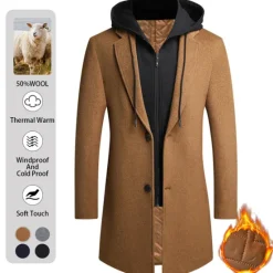Outlet OUKU Men's Winter Coat Wool Coat Overcoat Daily Wear Going out Winter Wool Thermal Warm Washable Outerwear Clothing Apparel Fashion Warm Ups Solid Colored Detachable Hood Hooded Single Breasted
