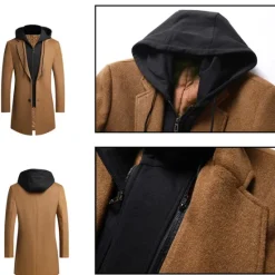 Outlet OUKU Men's Winter Coat Wool Coat Overcoat Daily Wear Going out Winter Wool Thermal Warm Washable Outerwear Clothing Apparel Fashion Warm Ups Solid Colored Detachable Hood Hooded Single Breasted