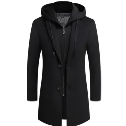 Outlet OUKU Men's Winter Coat Wool Coat Overcoat Daily Wear Going out Winter Wool Thermal Warm Washable Outerwear Clothing Apparel Fashion Warm Ups Solid Colored Detachable Hood Hooded Single Breasted