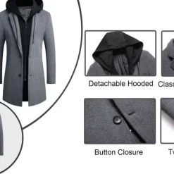 Outlet OUKU Men's Winter Coat Wool Coat Overcoat Daily Wear Going out Winter Wool Thermal Warm Washable Outerwear Clothing Apparel Fashion Warm Ups Solid Colored Detachable Hood Hooded Single Breasted