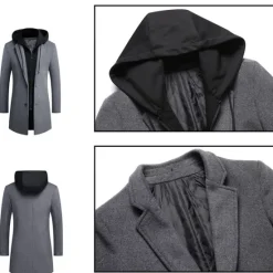 Outlet OUKU Men's Winter Coat Wool Coat Overcoat Daily Wear Going out Winter Wool Thermal Warm Washable Outerwear Clothing Apparel Fashion Warm Ups Solid Colored Detachable Hood Hooded Single Breasted