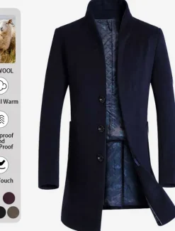 New OUKU Men's Winter Coat Wool Coat Overcoat Business Casual Fall Wool Outerwear Clothing Apparel Basic Solid Colored Stand Collar Single Breasted One-button
