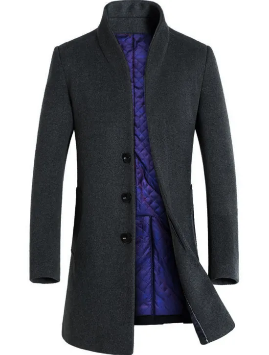 New OUKU Men's Winter Coat Wool Coat Overcoat Business Casual Fall Wool Outerwear Clothing Apparel Basic Solid Colored Stand Collar Single Breasted One-button