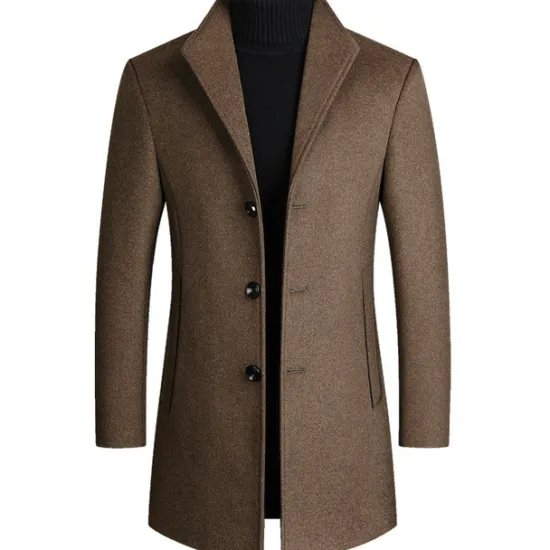 Hot OUKU Men's Winter Coat Wool Coat Overcoat Blazer Office Business Winter Wool Windproof Warm Outerwear Clothing Apparel Office / Business Solid Color Pocket Stand Collar Single Breasted One-button