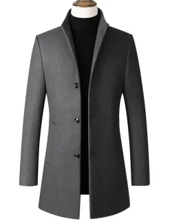 OUKU Men's Winter Coat Wool Coat Overcoat Office & Career Daily Wear Winter Polyester Thermal Warm Washable Outerwear Clothing Apparel Fashion Warm Ups Solid Colored Pocket Standing Collar Single Breasted