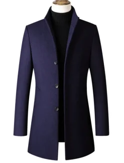 OUKU Men's Winter Coat Wool Coat Overcoat Office & Career Daily Wear Winter Polyester Thermal Warm Washable Outerwear Clothing Apparel Fashion Warm Ups Solid Colored Pocket Standing Collar Single Breasted