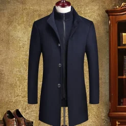 Hot OUKU Men's Winter Coat Wool Coat Overcoat Street Business Winter Woolen Thermal Warm Outerwear Clothing Apparel Casual Solid Color Pocket Stand Collar Single Breasted