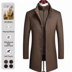 Hot OUKU Men's Winter Coat Wool Coat Overcoat Street Business Winter Woolen Thermal Warm Outerwear Clothing Apparel Casual Solid Color Pocket Stand Collar Single Breasted
