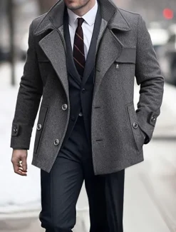 Online OUKU Men's Winter Coat Wool Coat Trench Coat Outdoor Daily Wear Fall & Winter Woolen Thermal Warm Windbreaker Outerwear Clothing Apparel Fashion Streetwear Plain Pocket Lapel Single Breasted