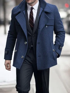 Online OUKU Men's Winter Coat Wool Coat Trench Coat Outdoor Daily Wear Fall & Winter Woolen Thermal Warm Windbreaker Outerwear Clothing Apparel Fashion Streetwear Plain Pocket Lapel Single Breasted