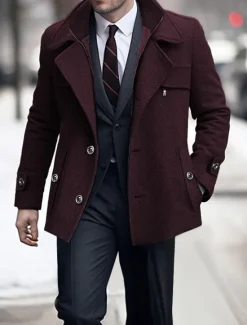 Online OUKU Men's Winter Coat Wool Coat Trench Coat Outdoor Daily Wear Fall & Winter Woolen Thermal Warm Windbreaker Outerwear Clothing Apparel Fashion Streetwear Plain Pocket Lapel Single Breasted