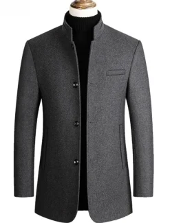 Outlet OUKU Men's Winter Coat Wool Coat Overcoat Blazer Short Coat Office Work Fall & Winter Wool Windproof Warm Outerwear Clothing Apparel Basic Chic & Modern Solid Colored Stand Collar