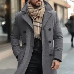 Clearance OUKU Men's Winter Coat Wool Coat Overcoat Trench Coat Outdoor Daily Wear Fall & Winter Polyester Thermal Warm Outerwear Clothing Apparel Fashion Streetwear Plain Pocket Lapel Double Breasted
