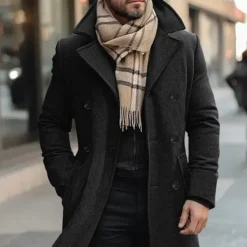 Clearance OUKU Men's Winter Coat Wool Coat Overcoat Trench Coat Outdoor Daily Wear Fall & Winter Polyester Thermal Warm Outerwear Clothing Apparel Fashion Streetwear Plain Pocket Lapel Double Breasted