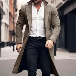 Sale OUKU Men's Winter Coat Wool Coat Overcoat Office & Career Daily Wear Winter Polyester Thermal Warm Washable Outerwear Clothing Apparel Fashion Warm Ups Plain Pocket Lapel Single Breasted