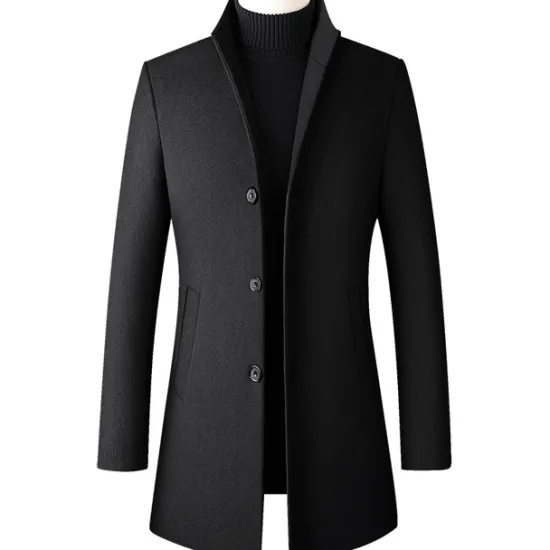Hot OUKU Men's Winter Coat Wool Coat Overcoat Business Daily Wear Fall Winter Wool Thermal Warm Outdoor Outerwear Clothing Apparel Fashion Warm Ups Solid Colored Pocket Standing Collar Single Breasted