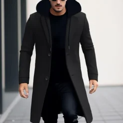 Best OUKU Men's Winter Coat Wool Coat Overcoat Trench Coat Outdoor Daily Wear Fall & Winter Polyester Windbreaker Outerwear Clothing Apparel Fashion Streetwear Plain Hooded Single Breasted One-button