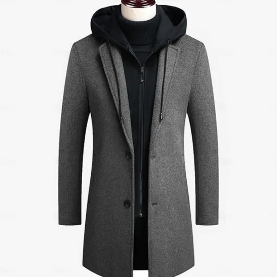 Best OUKU Men's Winter Coat Wool Coat Overcoat Trench Coat Outdoor Daily Wear Fall & Winter Polyester Windbreaker Outerwear Clothing Apparel Fashion Streetwear Plain Hooded Single Breasted One-button