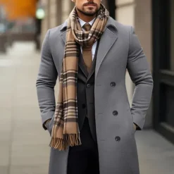 OUKU Men's Winter Coat Wool Coat Overcoat Outdoor Daily Wear Fall & Winter Polyester Thermal Warm Outerwear Clothing Apparel Fashion Streetwear Plain Pocket Lapel Double Breasted
