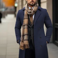 OUKU Men's Winter Coat Wool Coat Overcoat Outdoor Daily Wear Fall & Winter Polyester Thermal Warm Outerwear Clothing Apparel Fashion Streetwear Plain Pocket Lapel Double Breasted
