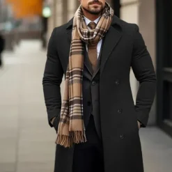 OUKU Men's Winter Coat Wool Coat Overcoat Outdoor Daily Wear Fall & Winter Polyester Thermal Warm Outerwear Clothing Apparel Fashion Streetwear Plain Pocket Lapel Double Breasted