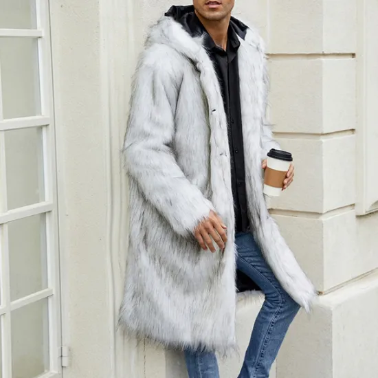 Sale OUKU Men's Winter Jacket Fleece Jacket Faux Fur Coat Daily Vacation Thermal Warm Keep Warm Fleece Fall & Winter Leopard Print Fashion Streetwear Hooded Long Black White Yellow Jacket
