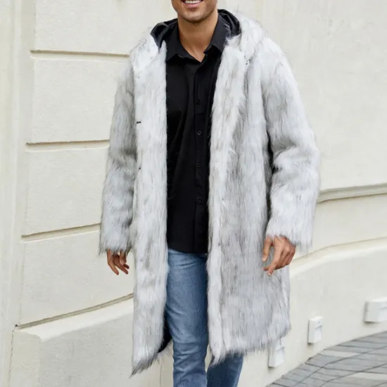 Sale OUKU Men's Winter Jacket Fleece Jacket Faux Fur Coat Daily Vacation Thermal Warm Keep Warm Fleece Fall & Winter Leopard Print Fashion Streetwear Hooded Long Black White Yellow Jacket