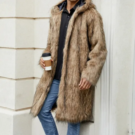 Sale OUKU Men's Winter Jacket Fleece Jacket Faux Fur Coat Daily Vacation Thermal Warm Keep Warm Fleece Fall & Winter Leopard Print Fashion Streetwear Hooded Long Black White Yellow Jacket