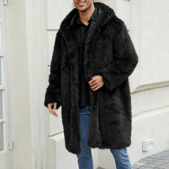 Sale OUKU Men's Winter Jacket Fleece Jacket Faux Fur Coat Daily Vacation Thermal Warm Keep Warm Fleece Fall & Winter Leopard Print Fashion Streetwear Hooded Long Black White Yellow Jacket