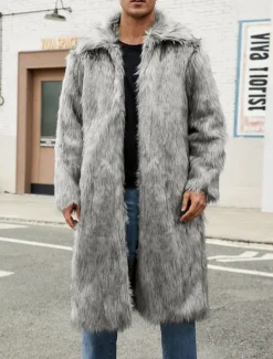 OUKU Men's Winter Jacket Fleece Jacket Faux Fur Coat Daily Vacation Thermal Warm Pocket Fleece Fall & Winter Solid Color Fashion Streetwear Lapel Long White Brown Gray Jacket