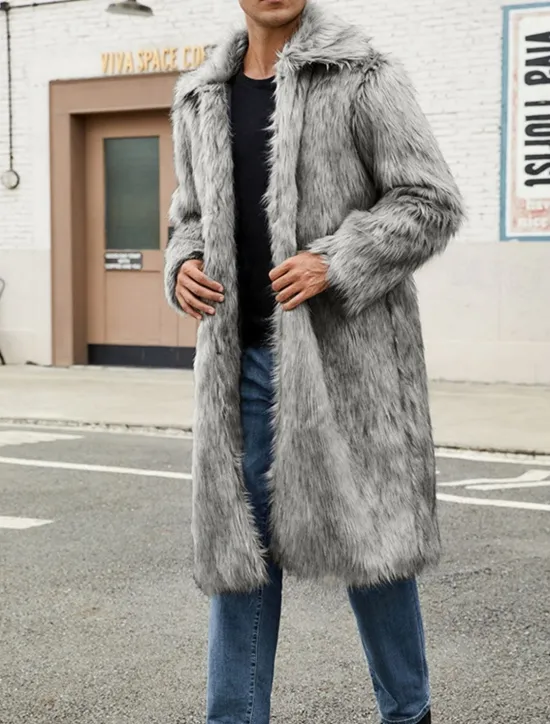 OUKU Men's Winter Jacket Fleece Jacket Faux Fur Coat Daily Vacation Thermal Warm Pocket Fleece Fall & Winter Solid Color Fashion Streetwear Lapel Long White Brown Gray Jacket