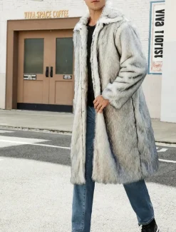 OUKU Men's Winter Jacket Fleece Jacket Faux Fur Coat Daily Vacation Thermal Warm Pocket Fleece Fall & Winter Solid Color Fashion Streetwear Lapel Long White Brown Gray Jacket