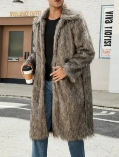 OUKU Men's Winter Jacket Fleece Jacket Faux Fur Coat Daily Vacation Thermal Warm Pocket Fleece Fall & Winter Solid Color Fashion Streetwear Lapel Long White Brown Gray Jacket
