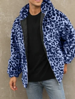 Discount OUKU Men's Winter Jacket Fleece Jacket Faux Fur Coat Daily Vacation Thermal Warm Pocket Fleece Fall & Winter Leopard Print Fashion Streetwear Hooded Regular Yellow Blue Green Jacket