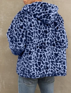 Discount OUKU Men's Winter Jacket Fleece Jacket Faux Fur Coat Daily Vacation Thermal Warm Pocket Fleece Fall & Winter Leopard Print Fashion Streetwear Hooded Regular Yellow Blue Green Jacket