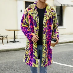Discount OUKU Men's Winter Jacket Fleece Jacket Faux Fur Coat Daily Vacation Thermal Warm Pocket Fleece Fall & Winter Leopard Print Fashion Streetwear Lapel Long Jacket Green