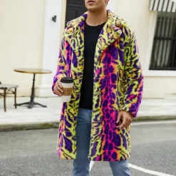 Discount OUKU Men's Winter Jacket Fleece Jacket Faux Fur Coat Daily Vacation Thermal Warm Pocket Fleece Fall & Winter Leopard Print Fashion Streetwear Lapel Long Jacket Green