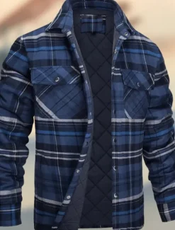 Outlet OUKU Men's Winter Jacket Padded Shacket Daily Vacation Thermal Warm Wearproof Pocket Fall & Winter Plaid Fashion Classic Lapel Regular Black Wine Navy Blue Sky Blue Orange Jacket