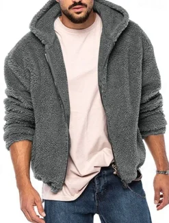 Hot OUKU Men's Winter Jacket Polar Fleece Jacket Hoodied Jacket Daily Vacation Thermal Warm Pocket Fall & Winter Plain Fashion Streetwear Hooded Regular Black Navy Blue Khaki Dark Gray Jacket