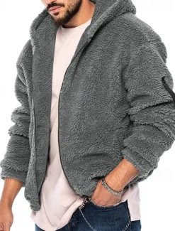 Hot OUKU Men's Winter Jacket Polar Fleece Jacket Hoodied Jacket Daily Vacation Thermal Warm Pocket Fall & Winter Plain Fashion Streetwear Hooded Regular Black Navy Blue Khaki Dark Gray Jacket